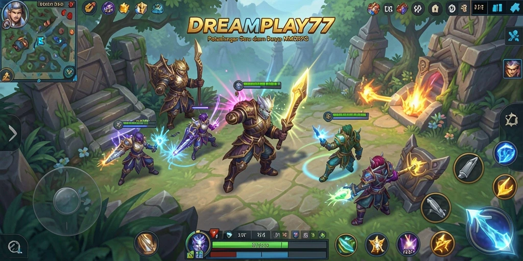 Screenshot gameplay <strong>DREAMPLAY77</strong> menampilkan pertarungan seru di dunia fantasi.