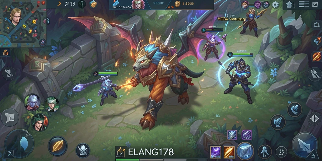 Screenshot gameplay ELANG178 menampilkan pertempuran intens di arena MOBA.