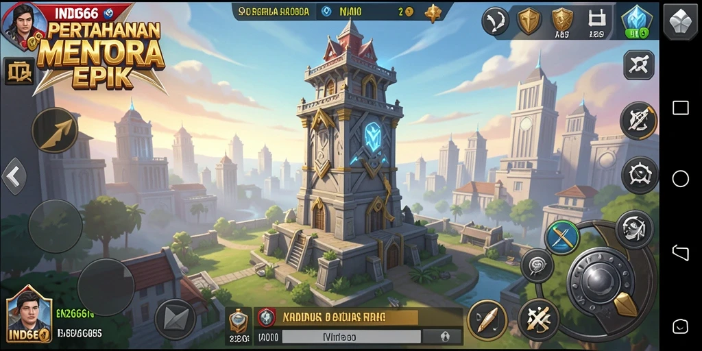 Menggambarkan aksi seru di game Tower Defense IND666.