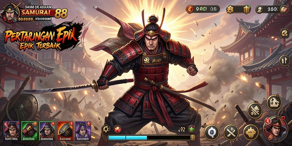 Tangkapan layar menampilkan aksi seru dalam pertarungan samurai.