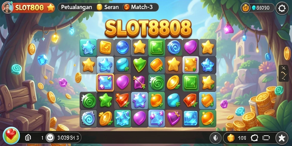 Screenshot permainan SLOT8808 menampilkan keseruan gameplay Match-3.